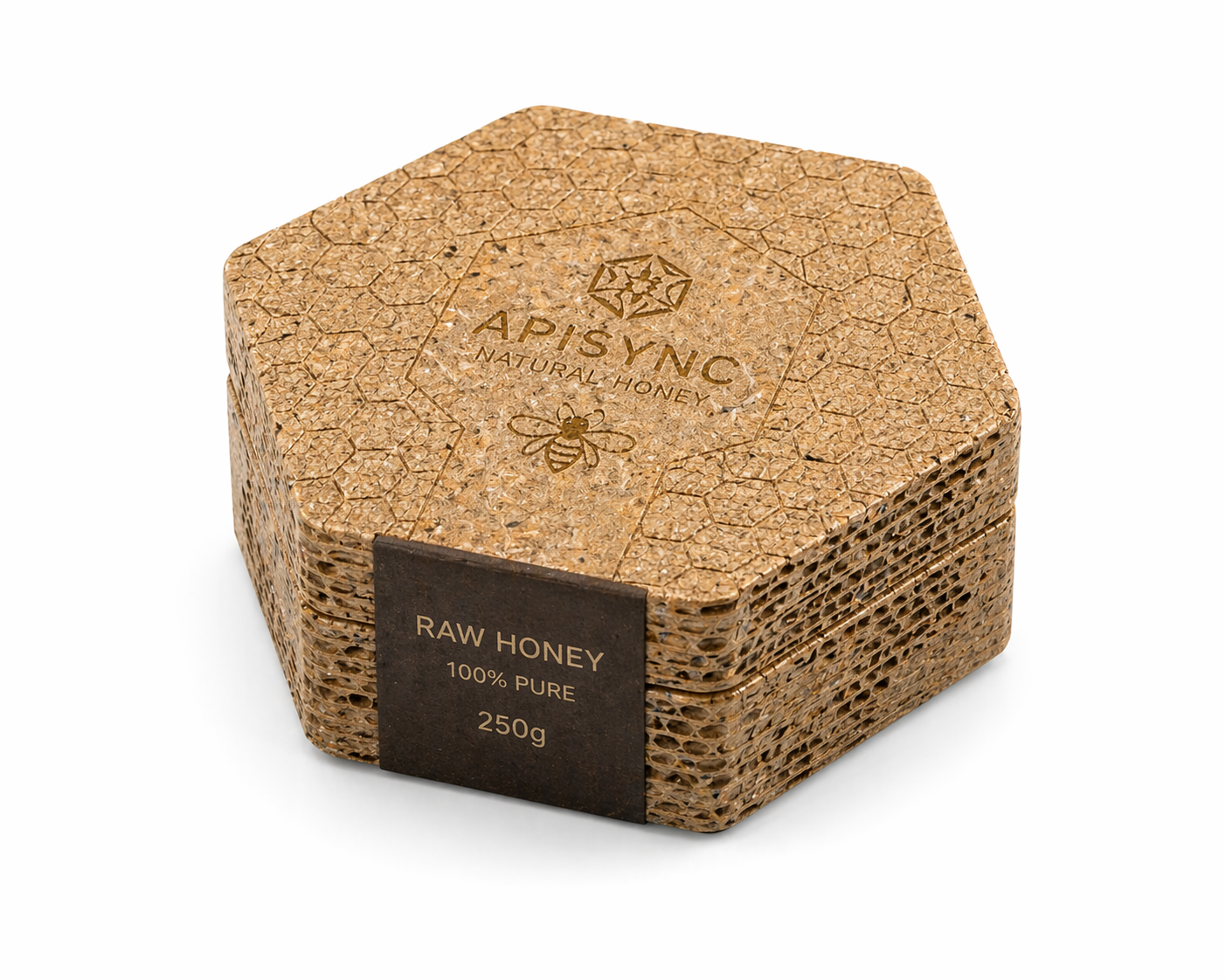 APISYNC Raw Honey — empaque hexagonal de corcho y materiales naturales